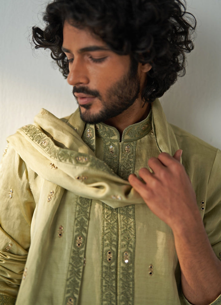 Green Mirror Work Chanderi Silk Kurta Pant Set Studio Bagechaa - Men - Fabilicious Fashion