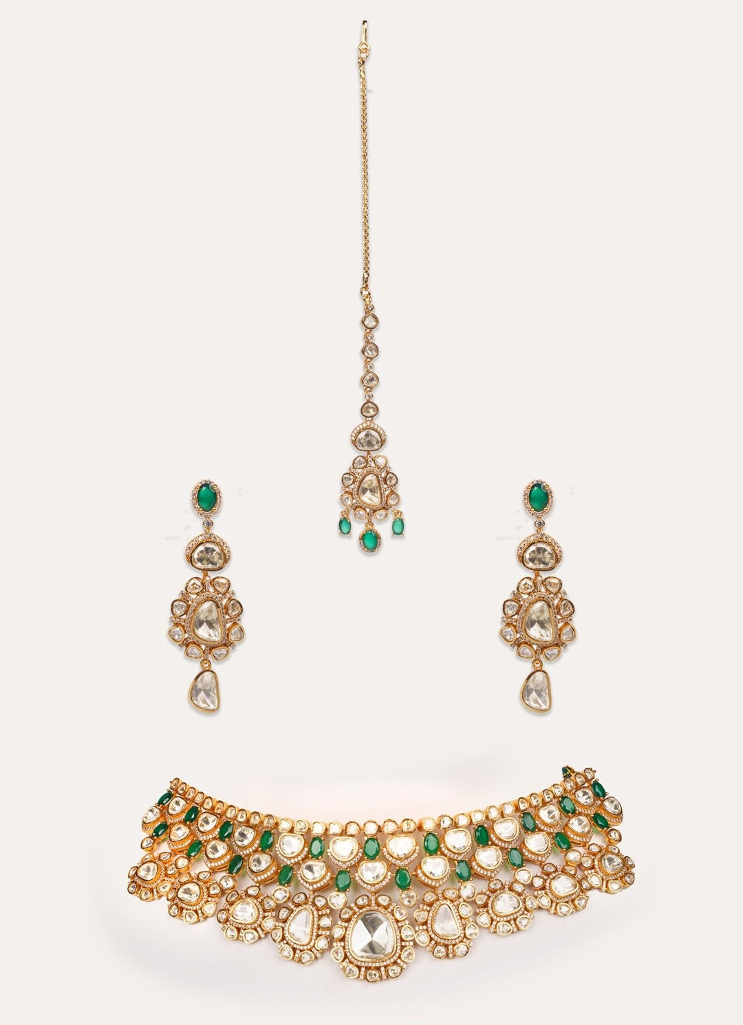 Green Moissanite Stone Gold Necklace Set With Maangtikka Zevar by Geeta - Fabilicious Fashion