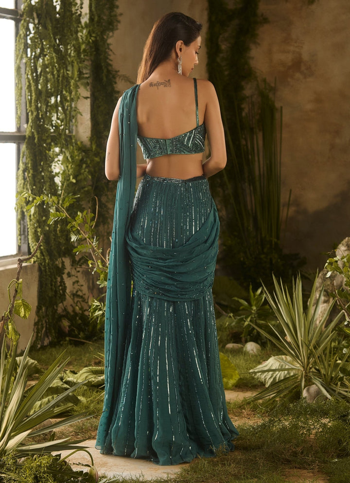 Green Predraped Silk Organza Saree With Strapless Blouse Parul Gandhi - Fabilicious Fashion