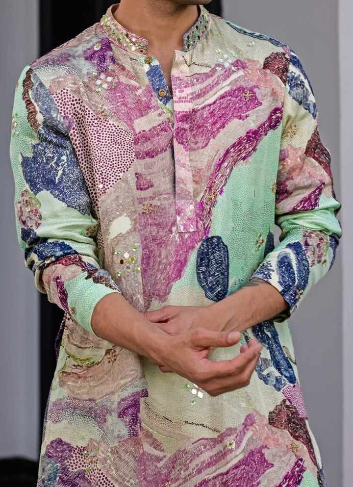 Green Printed Organza Kurta Juhi Bengani - Men - Fabilicious Fashion