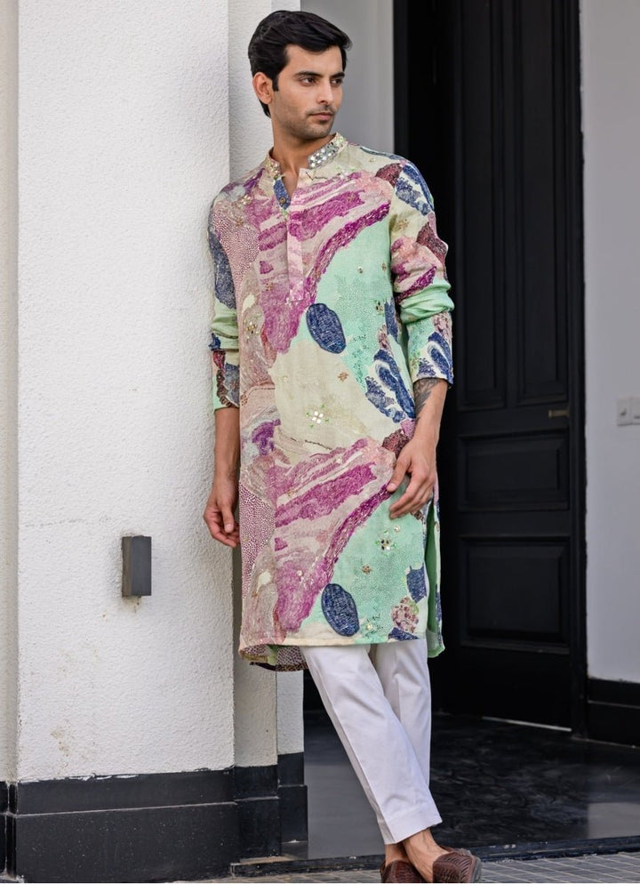 Green Printed Organza Kurta Juhi Bengani - Men - Fabilicious Fashion