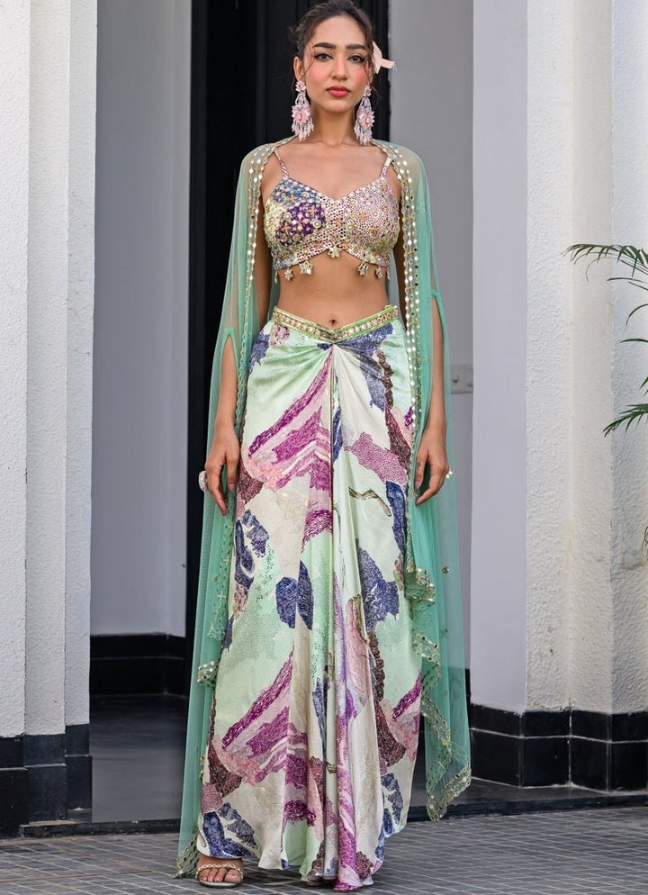 Green Printed Satin Dhoti Skirt With Embroidered Cape Juhi Bengani - Fabilicious Fashion