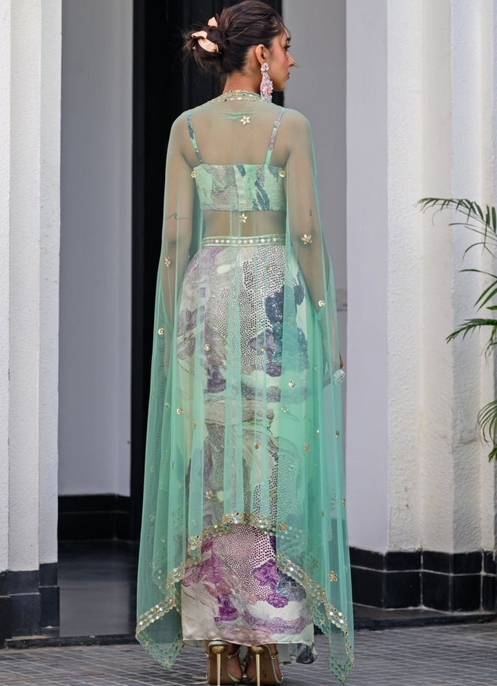 Green Printed Satin Dhoti Skirt With Embroidered Cape Juhi Bengani - Fabilicious Fashion