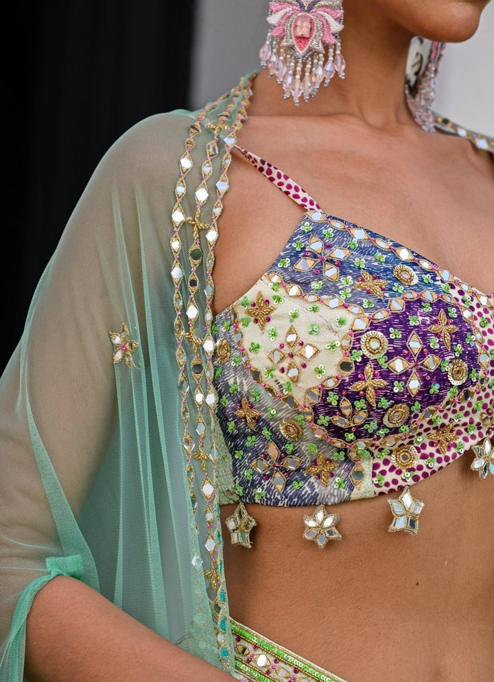 Green Printed Satin Dhoti Skirt With Embroidered Cape Juhi Bengani - Fabilicious Fashion