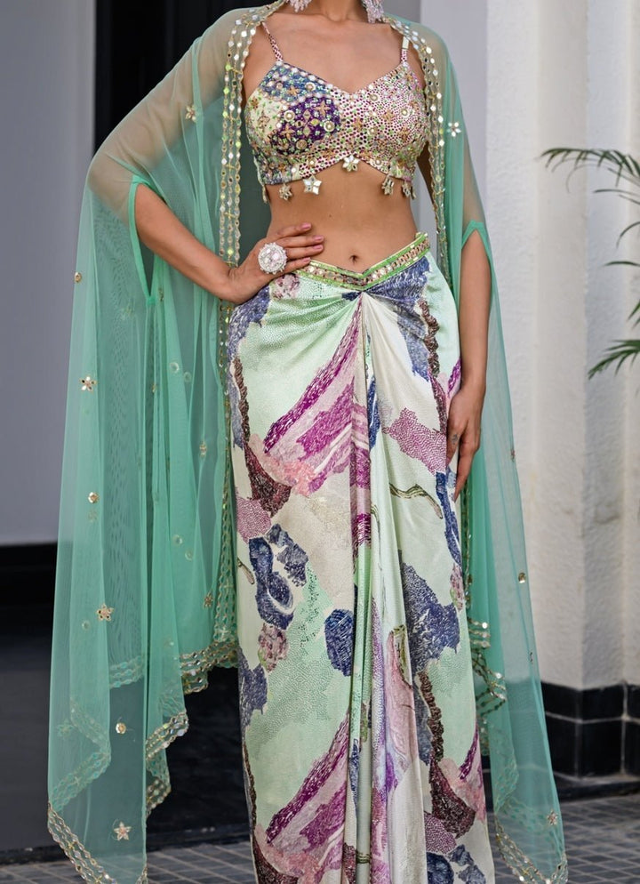 Green Printed Satin Dhoti Skirt With Embroidered Cape Juhi Bengani - Fabilicious Fashion