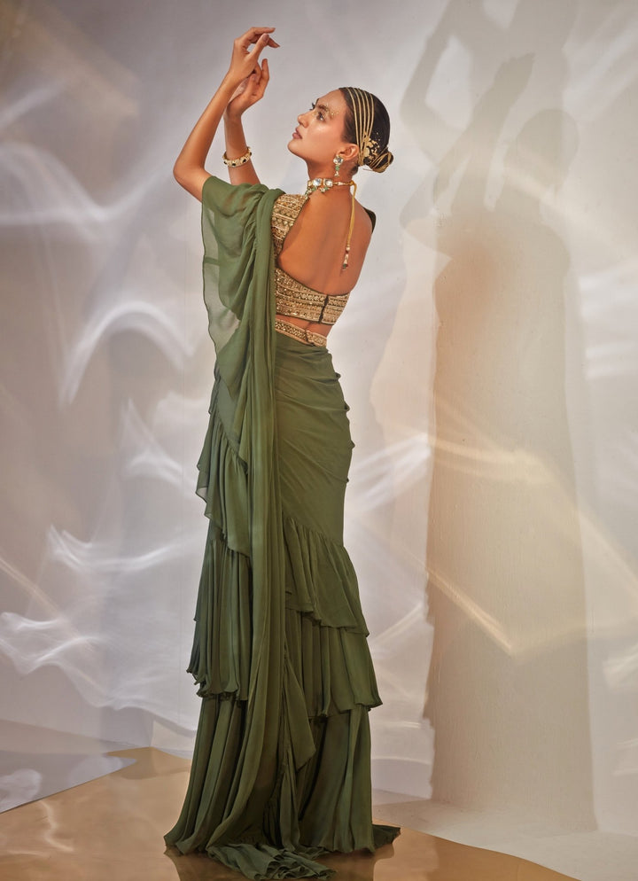 Green Ruffled Georgette Saree Set Akara - Fabilicious Fashion