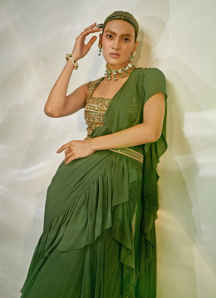 Green Ruffled Georgette Saree Set Akara - Fabilicious Fashion