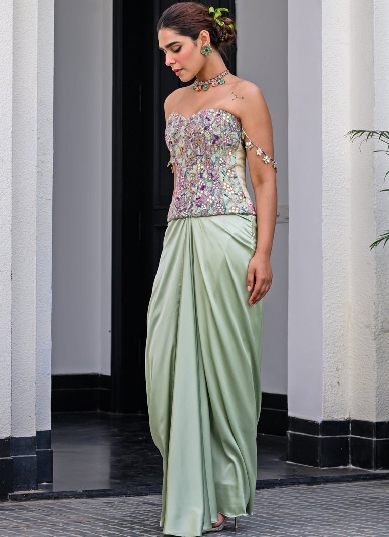 Juhi Bengani — Green Satin Dhoti Skirt With Mirror Work Corset –  Fabilicious Fashion