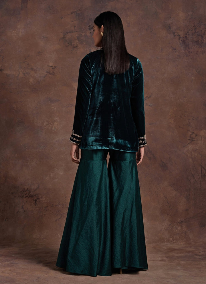 Green Silk Peplum Kurta Sharara Set With Velvet Jacket Sanya Gulati - Fabilicious Fashion