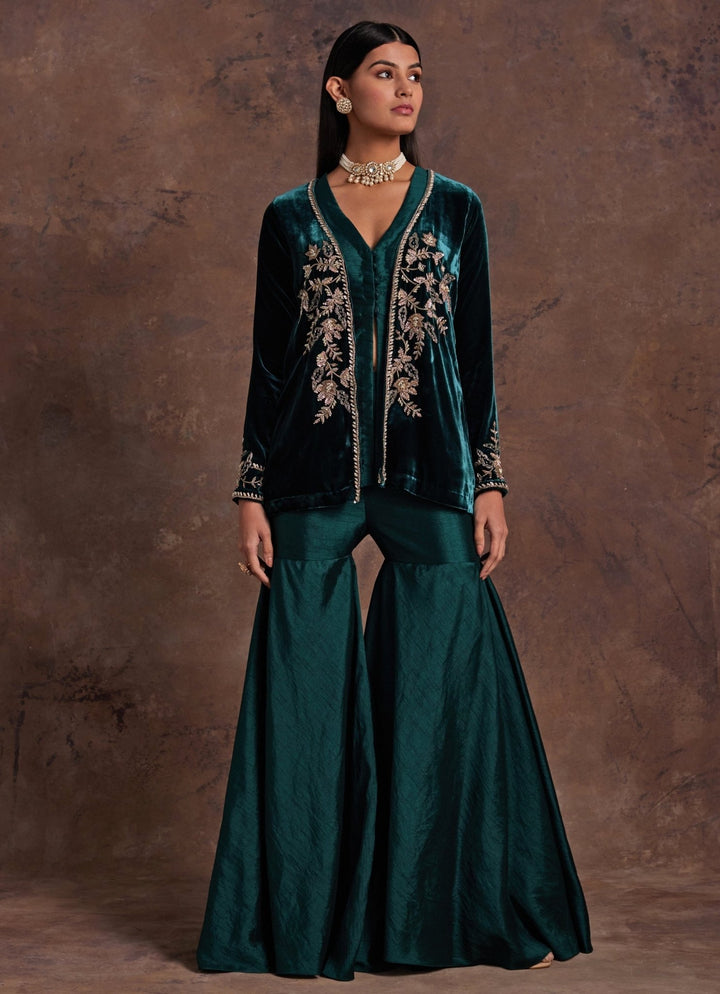 Green Silk Peplum Kurta Sharara Set With Velvet Jacket Sanya Gulati - Fabilicious Fashion