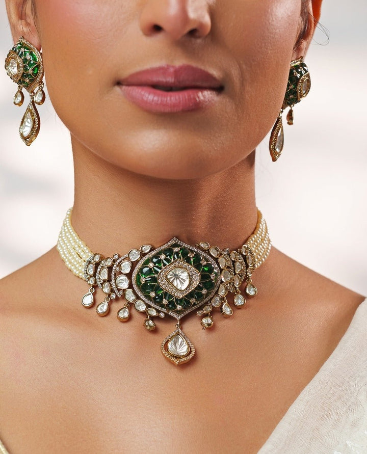 Green Stone And Polki Pearl Choker Set Zevar by Geeta - Fabilicious Fashion