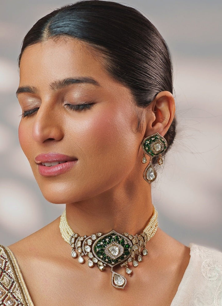 Green Stone And Polki Pearl Choker Set Zevar by Geeta - Fabilicious Fashion