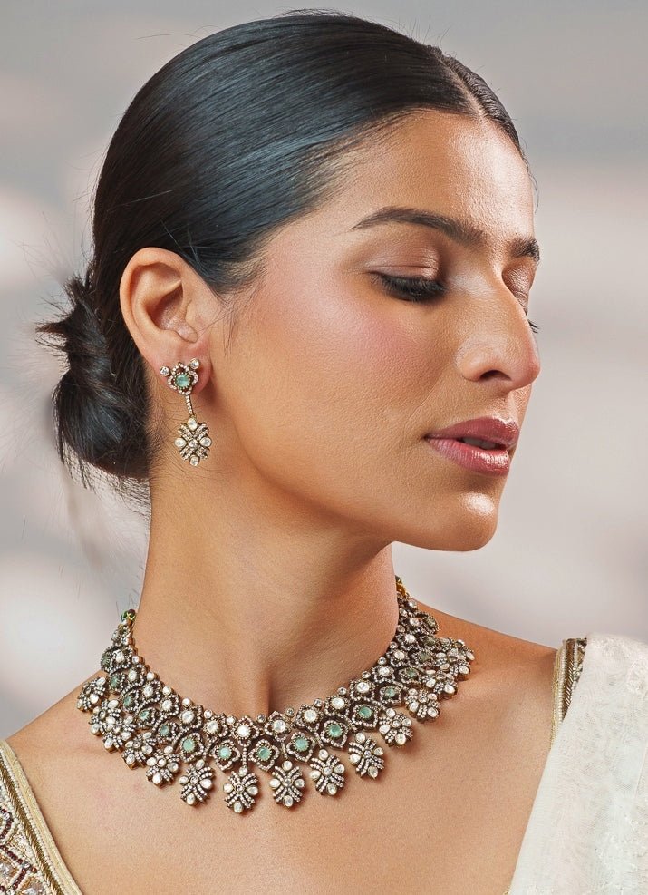 Green Stone And Polki Two Tone Necklace Set Zevar by Geeta - Fabilicious Fashion