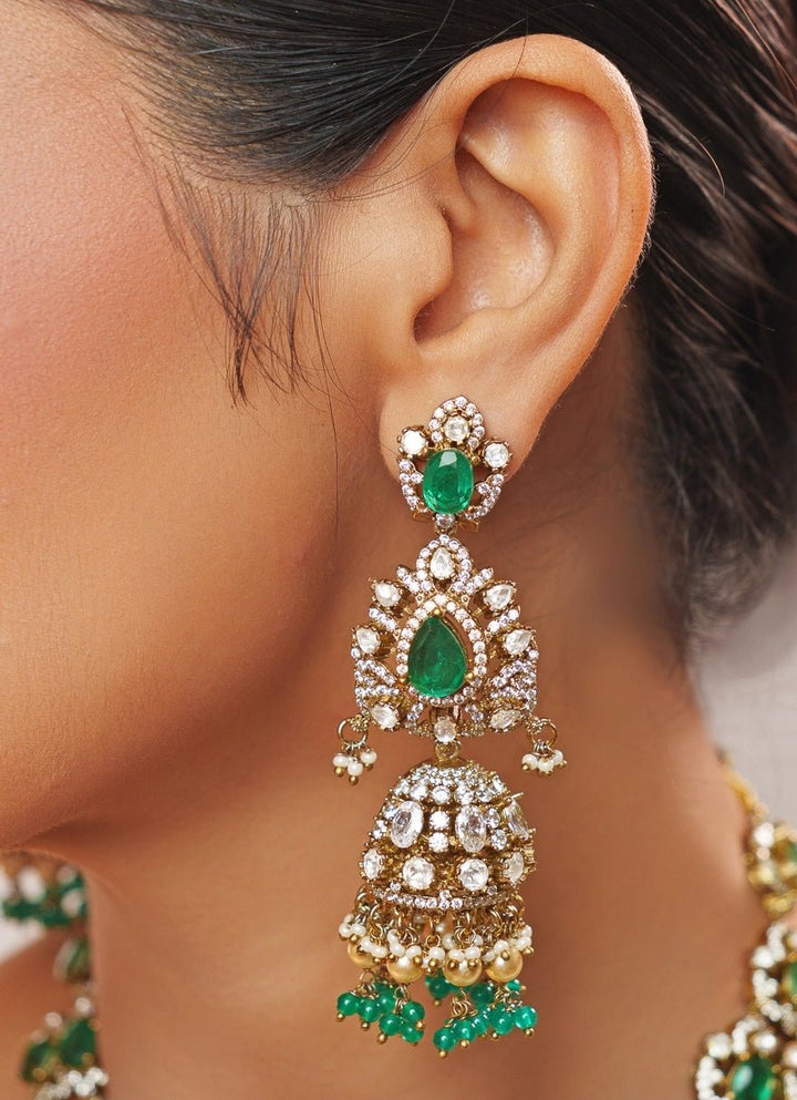 Green Stone And Polki Two Toned Long Necklace Set Zevar by Geeta - Fabilicious Fashion