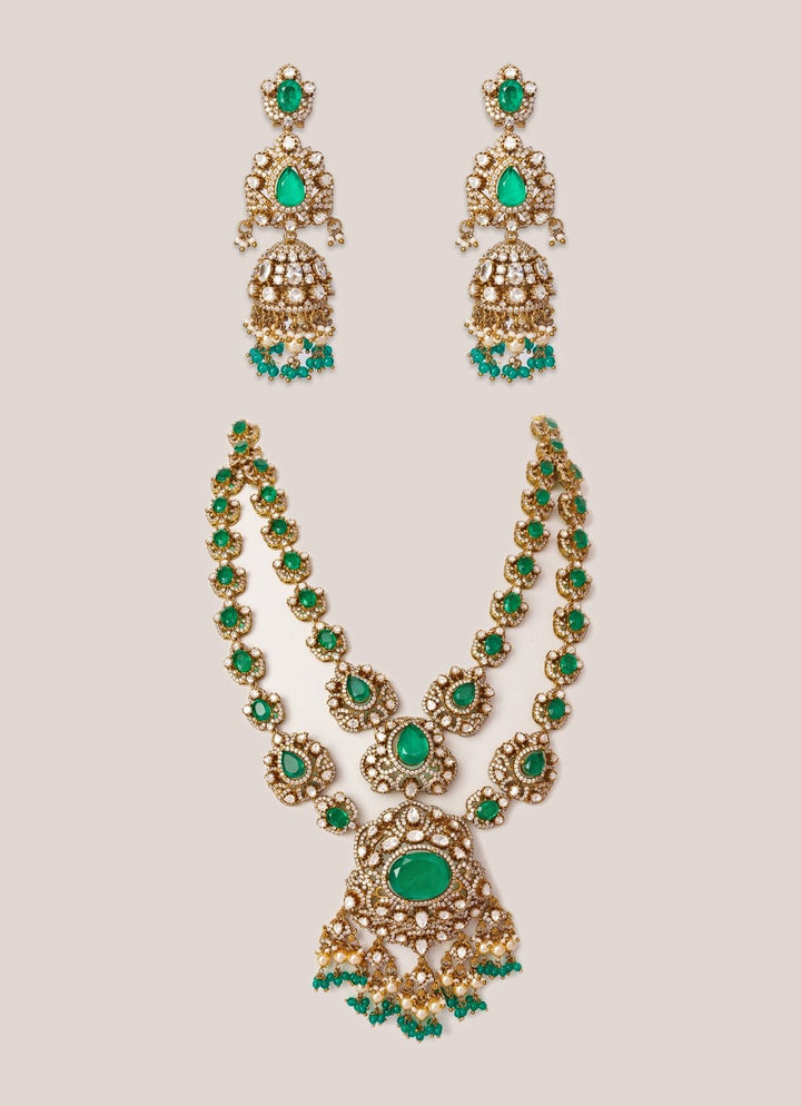 Green Stone And Polki Two Toned Long Necklace Set Zevar by Geeta - Fabilicious Fashion