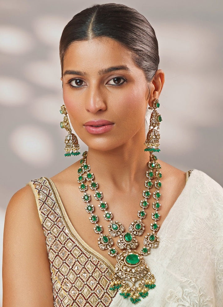 Green Stone And Polki Two Toned Long Necklace Set Zevar by Geeta - Fabilicious Fashion