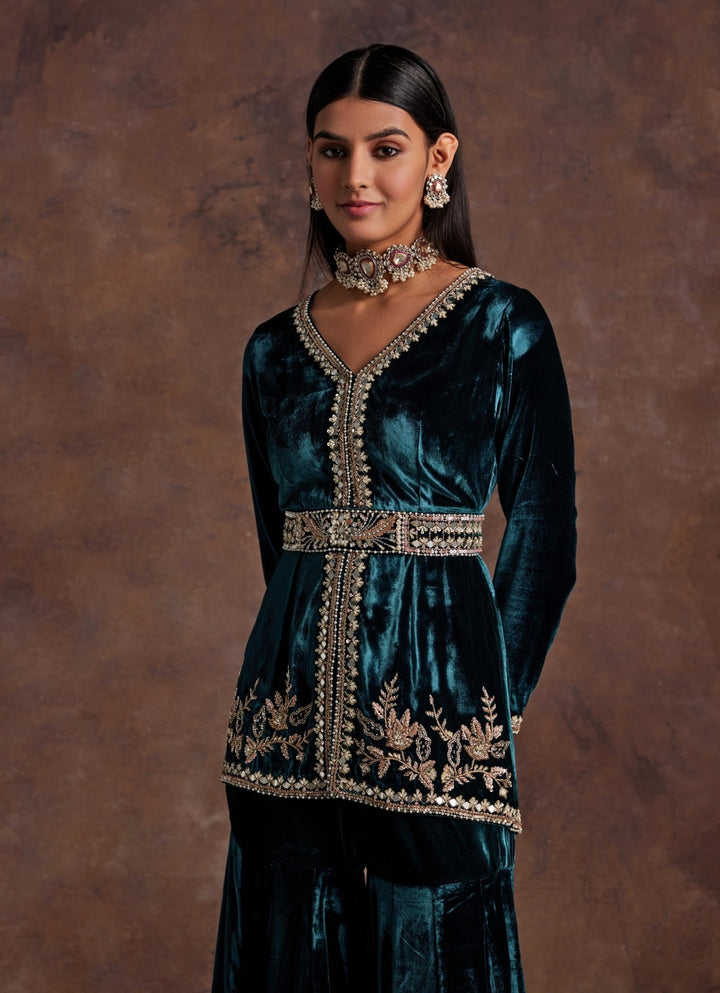 Green Velvet Embroidered Peplum Kurta Sharara Set Sanya Gulati - Fabilicious Fashion