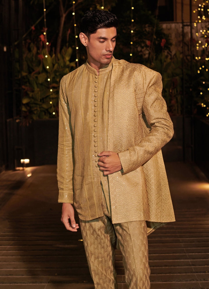 Greenish Gold Silk Jacket Set Jigar and Nikita - Fabilicious Fashion