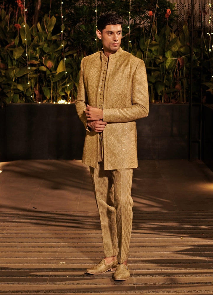 Greenish Gold Silk Jacket Set Jigar and Nikita - Fabilicious Fashion