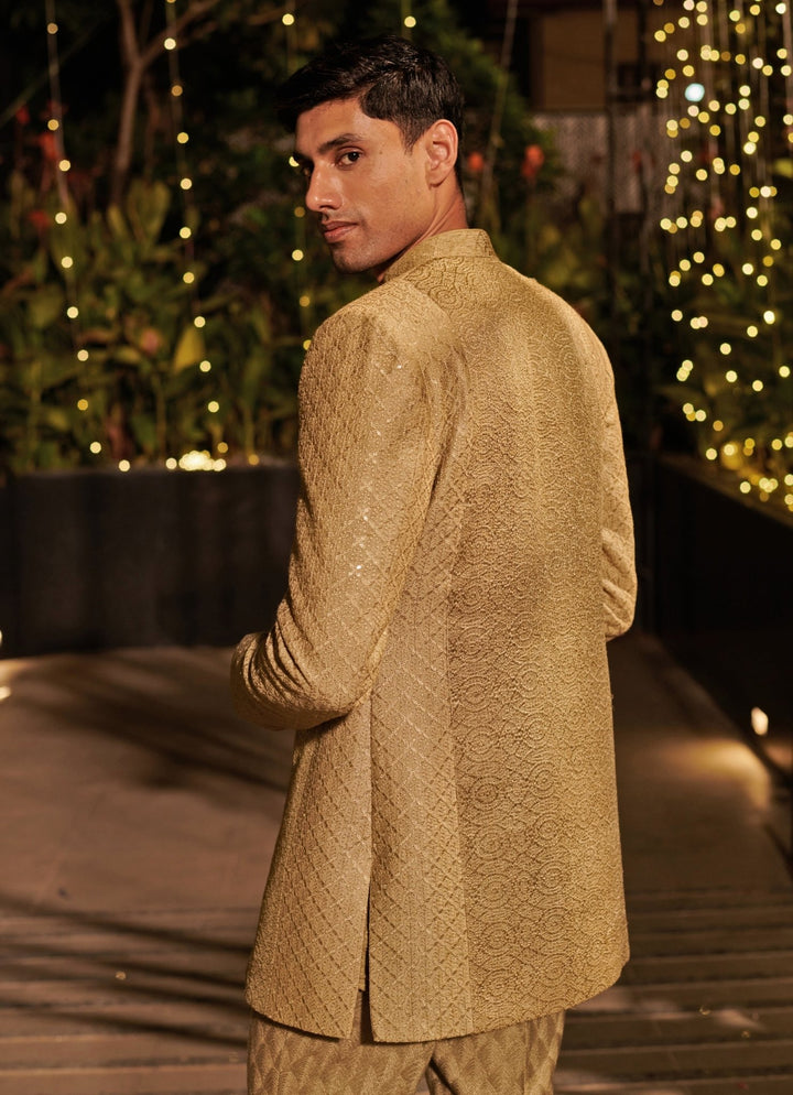 Greenish Gold Silk Jacket Set Jigar and Nikita - Fabilicious Fashion