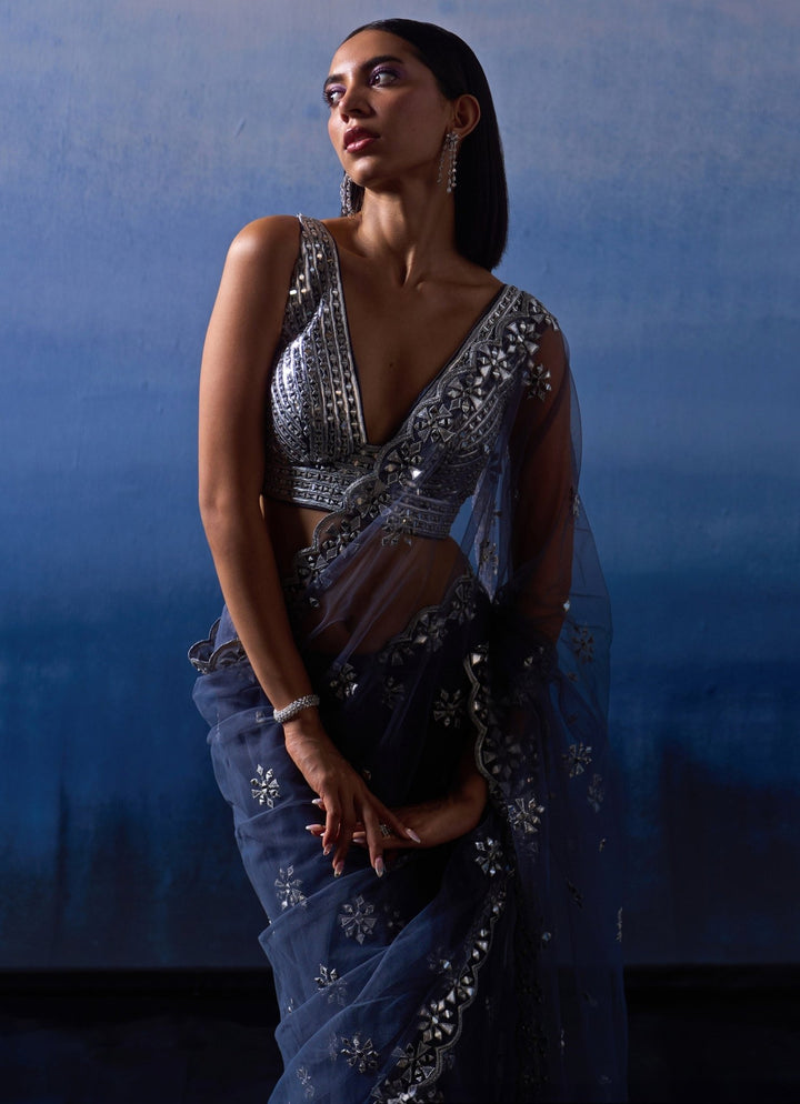 Grey Embroidered Net Saree Angad Singh - Fabilicious Fashion