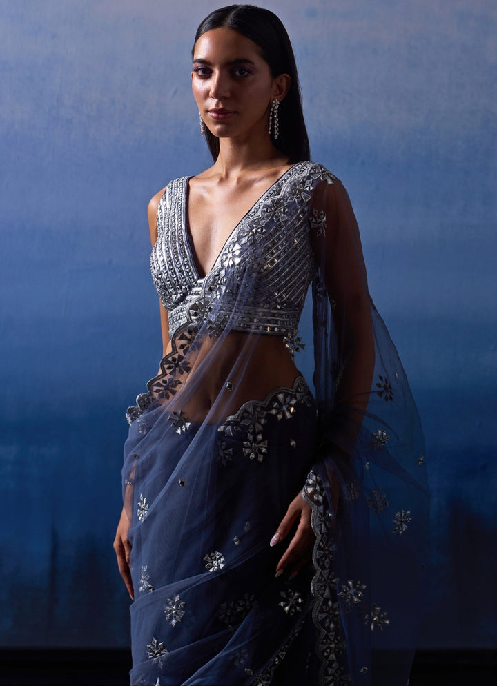 Grey Embroidered Net Saree Angad Singh - Fabilicious Fashion