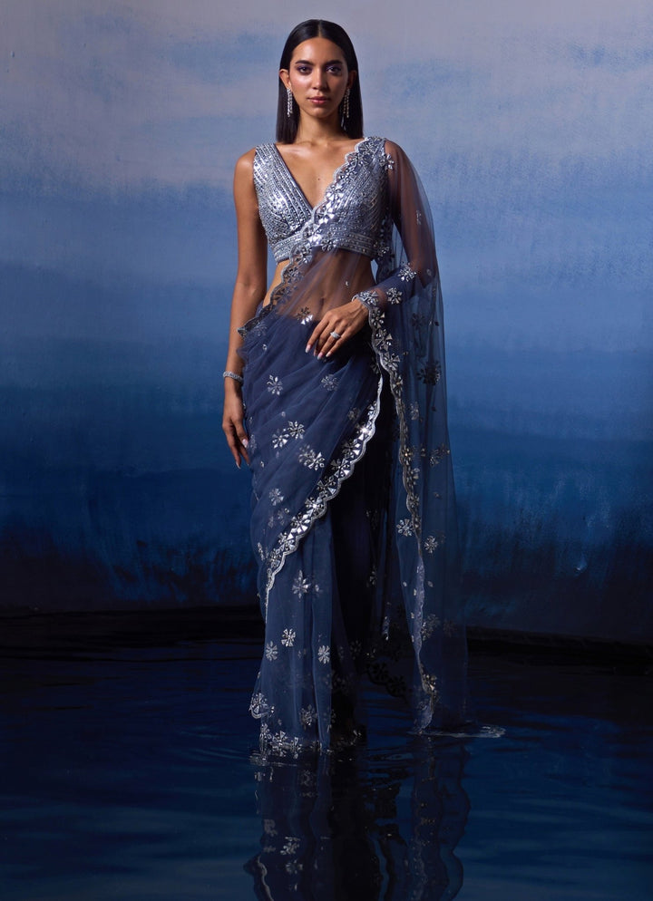 Grey Embroidered Net Saree Angad Singh - Fabilicious Fashion