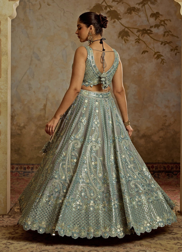 Grey Mirror Embroidered Tissue Lehenga Suhino - Fabilicious Fashion