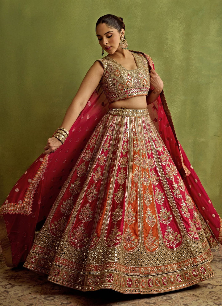 Hot Pink And Orange Gota And Mirror Embroidered Silk Lehenga Suhino - Fabilicious Fashion