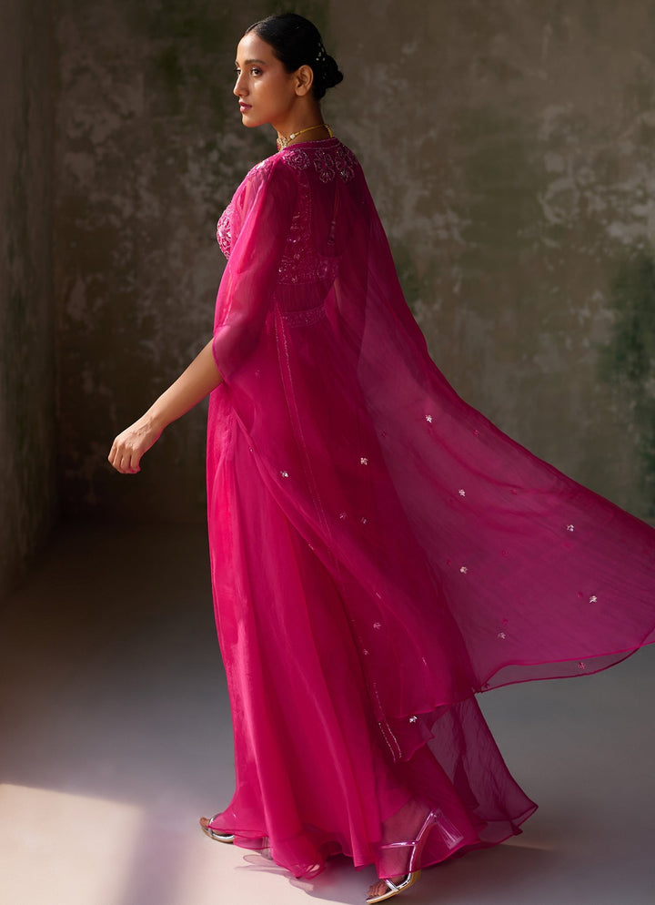 Hot Pink Embroidered Cape and Pant Set Zoon Tribe - Fabilicious Fashion