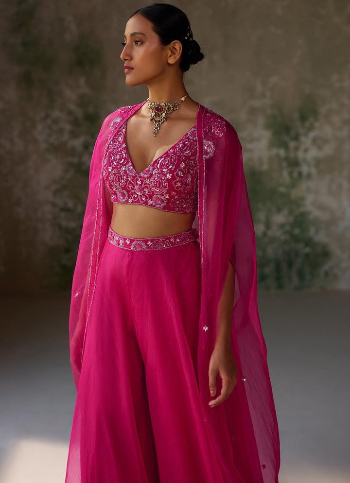 Hot Pink Embroidered Cape and Pant Set Zoon Tribe - Fabilicious Fashion