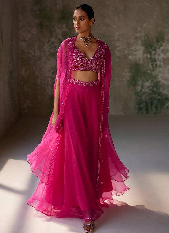 Hot Pink Embroidered Cape and Pant Set Zoon Tribe - Fabilicious Fashion