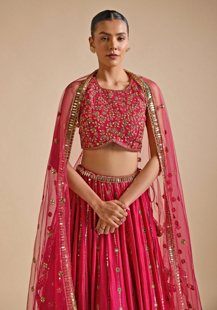 Hot Pink Embroidered Silk Lehenga Prevasu - Fabilicious Fashion