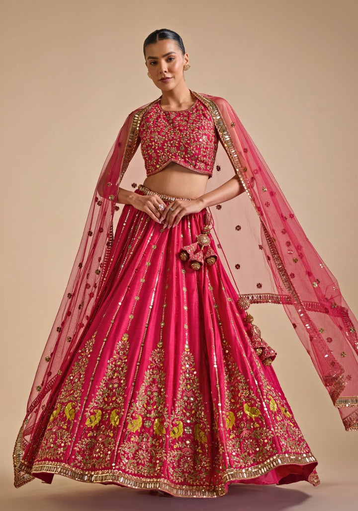 Hot Pink Embroidered Silk Lehenga Prevasu - Fabilicious Fashion