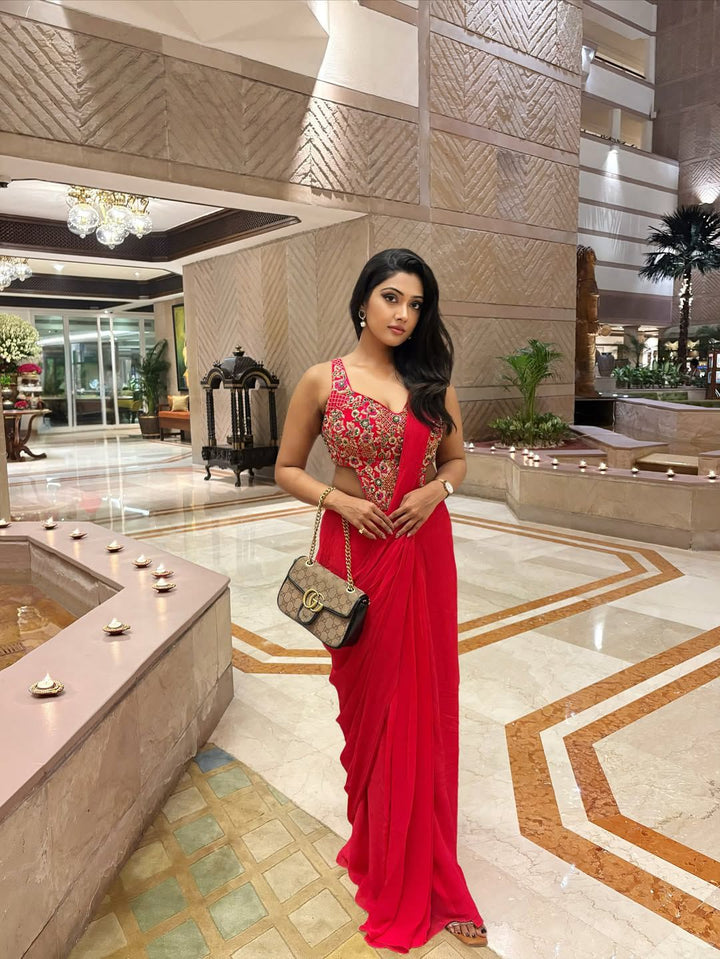 Hot Pink Pre Draped Georgette Saree With Corset Blouse Quench A Thirst - Fabilicious Fashion