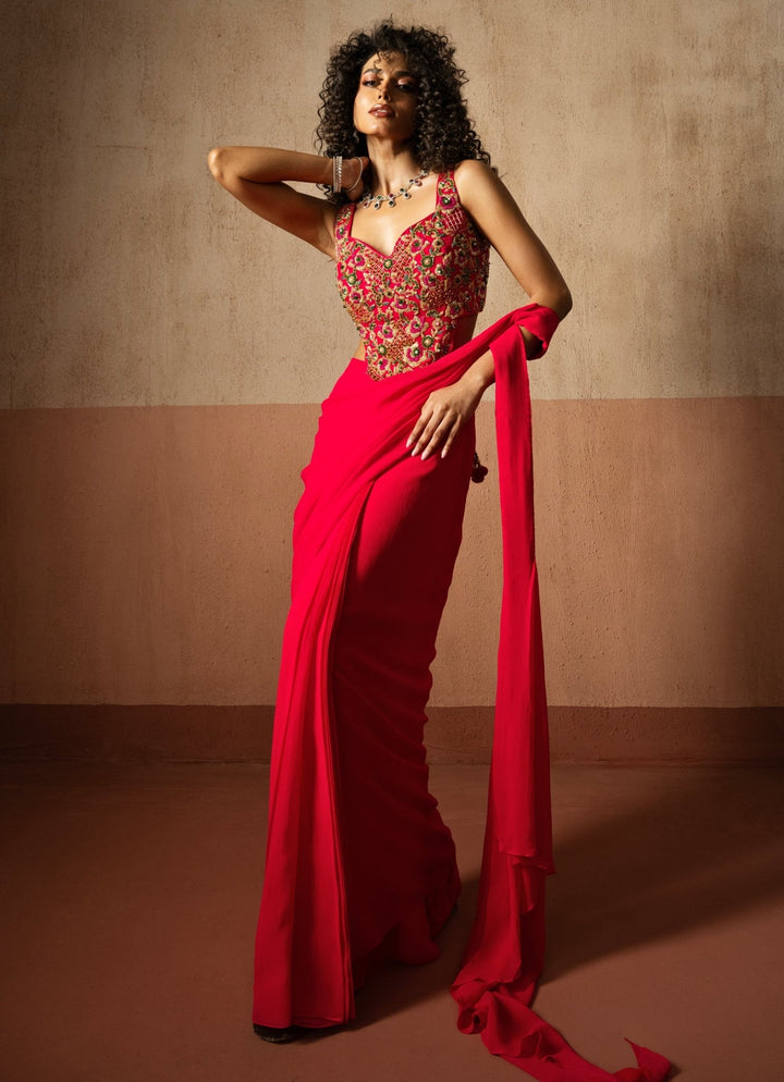Hot Pink Pre Draped Georgette Saree With Corset Blouse Quench A Thirst - Fabilicious Fashion