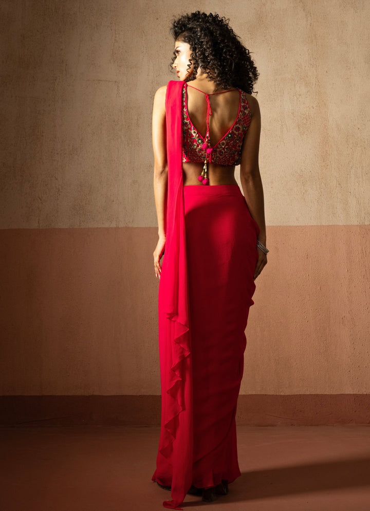 Hot Pink Pre Draped Georgette Saree With Corset Blouse Quench A Thirst - Fabilicious Fashion