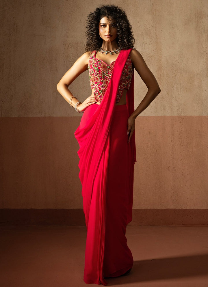 Hot Pink Pre Draped Georgette Saree With Corset Blouse Quench A Thirst - Fabilicious Fashion