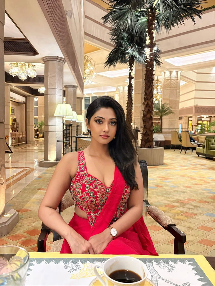 Hot Pink Pre Draped Georgette Saree With Corset Blouse Quench A Thirst - Fabilicious Fashion