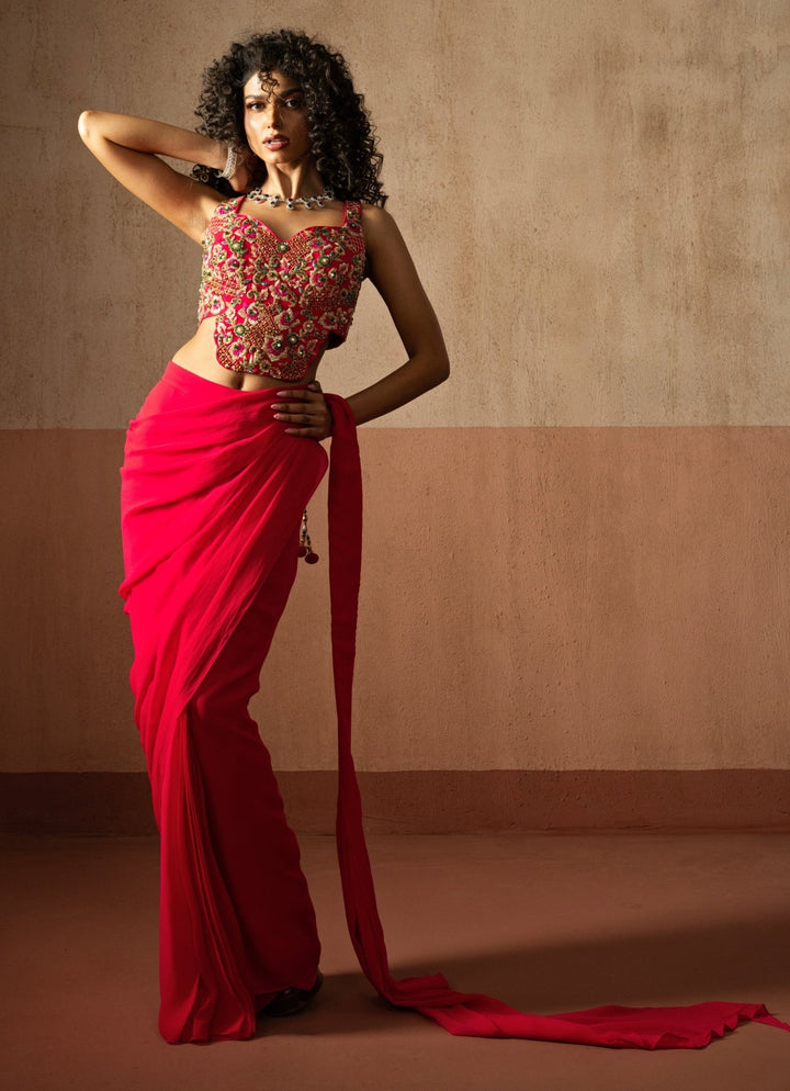 Hot Pink Pre Draped Georgette Saree With Corset Blouse Quench A Thirst - Fabilicious Fashion