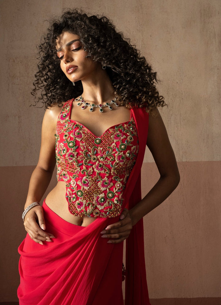 Hot Pink Pre Draped Georgette Saree With Corset Blouse Quench A Thirst - Fabilicious Fashion