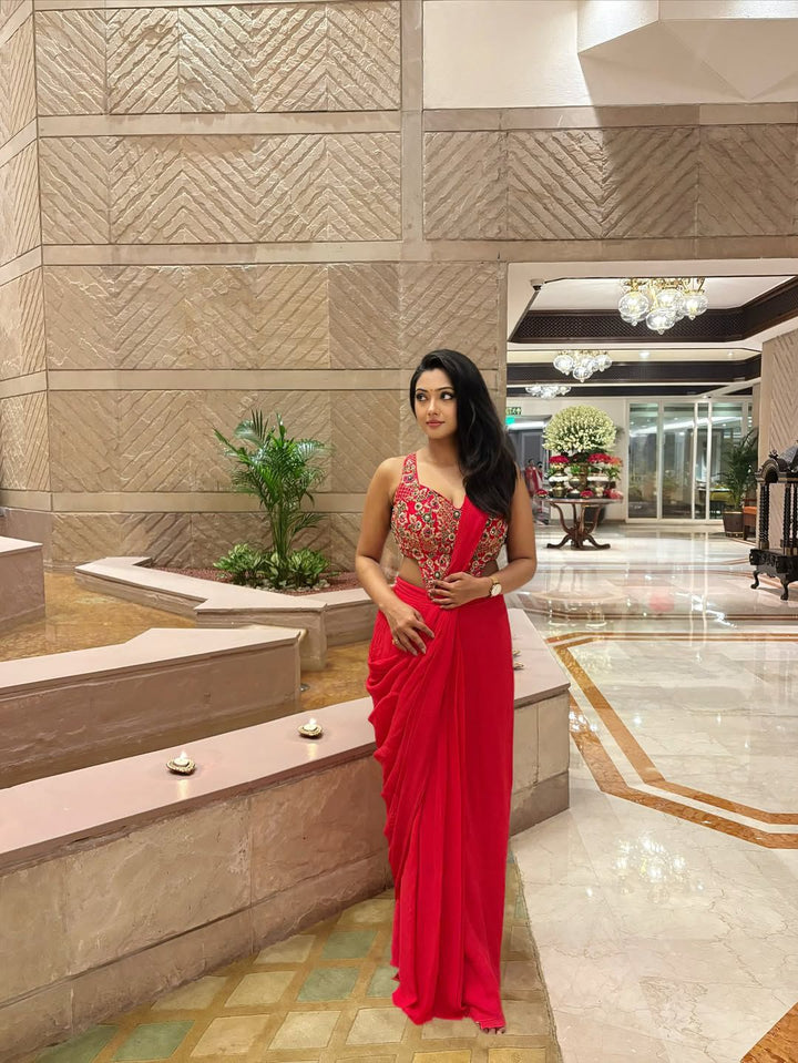 Hot Pink Pre Draped Georgette Saree With Corset Blouse Quench A Thirst - Fabilicious Fashion