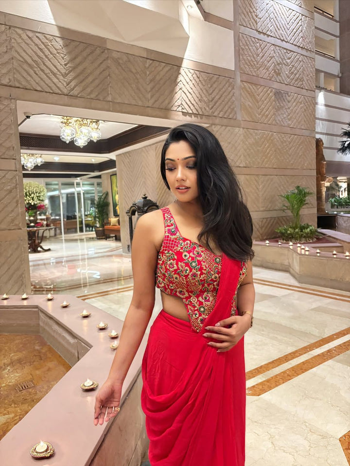 Hot Pink Pre Draped Georgette Saree With Corset Blouse Quench A Thirst - Fabilicious Fashion