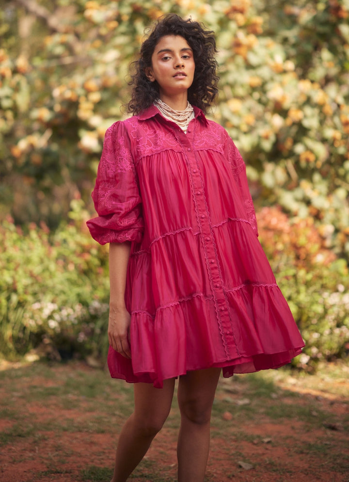Hot Pink Silk Organza Dress Paulmi and Harsh - Fabilicious Fashion
