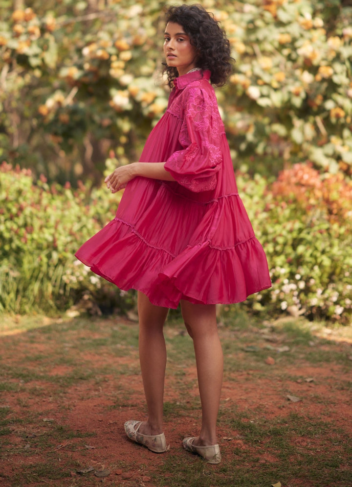 Hot Pink Silk Organza Dress Paulmi and Harsh - Fabilicious Fashion