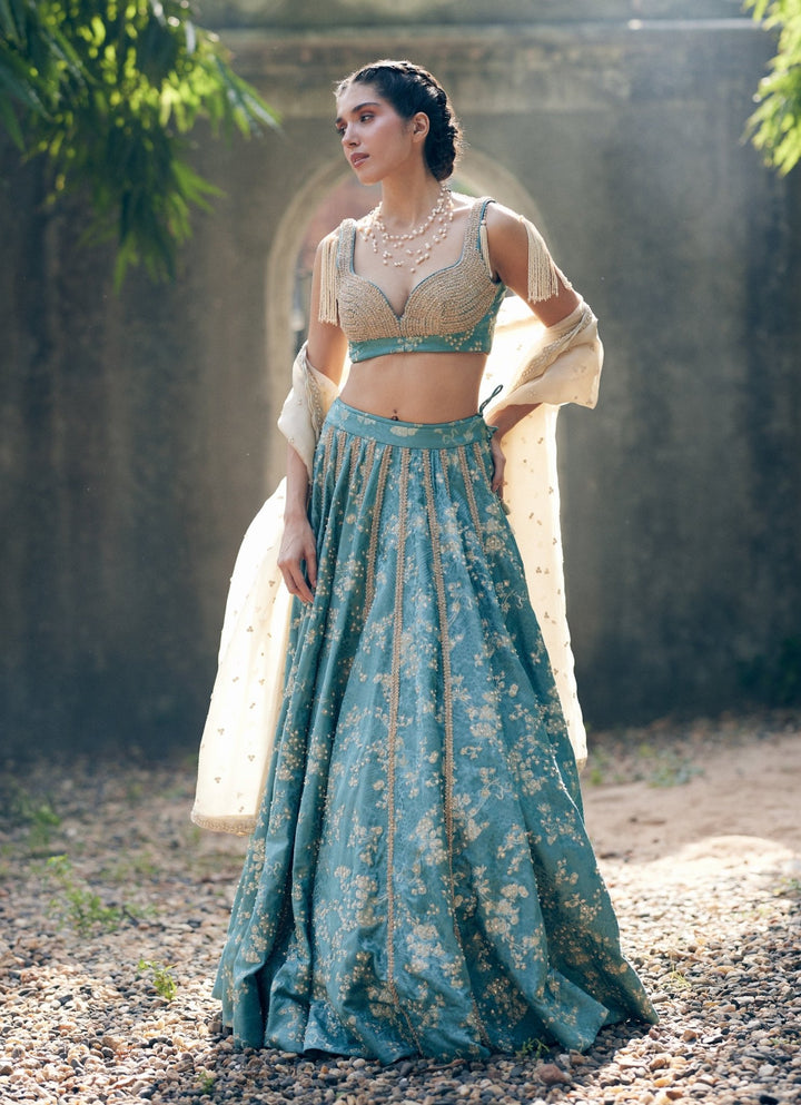 Ice Blue Embroidered Jacquard Lehenga Set Paulmi and Harsh - Fabilicious Fashion