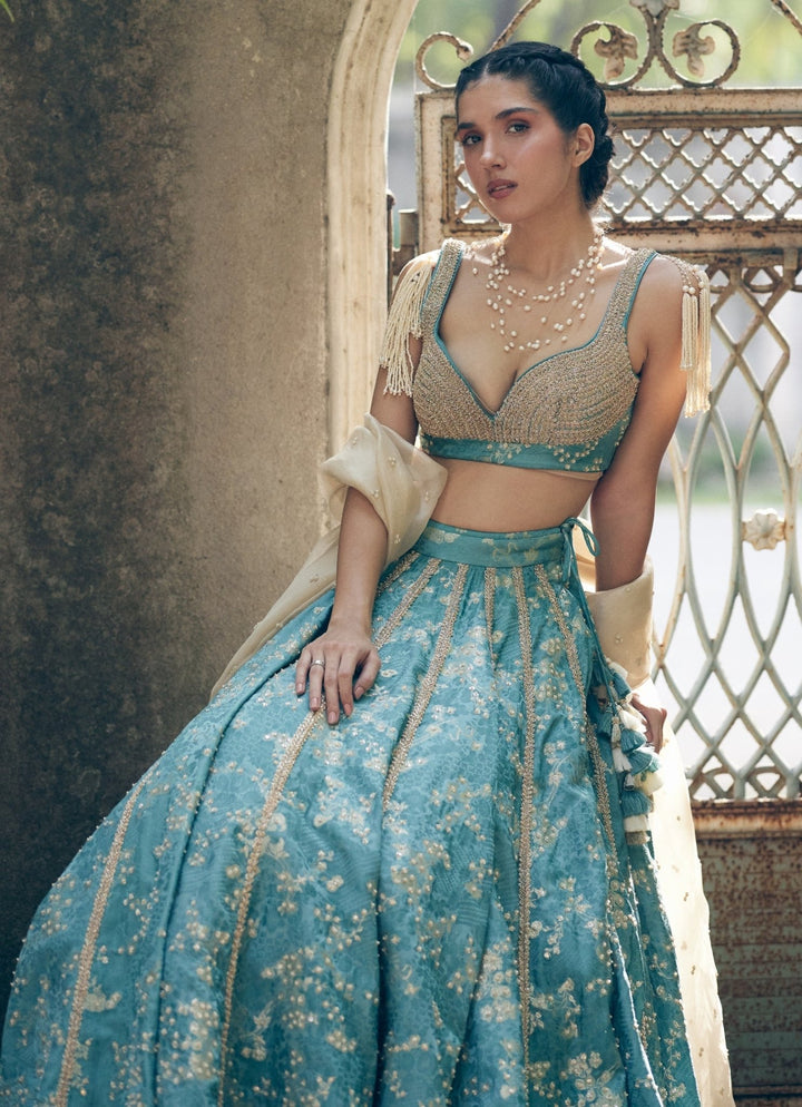 Ice Blue Embroidered Jacquard Lehenga Set Paulmi and Harsh - Fabilicious Fashion