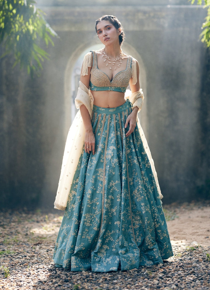 Ice Blue Embroidered Jacquard Lehenga Set Paulmi and Harsh - Fabilicious Fashion