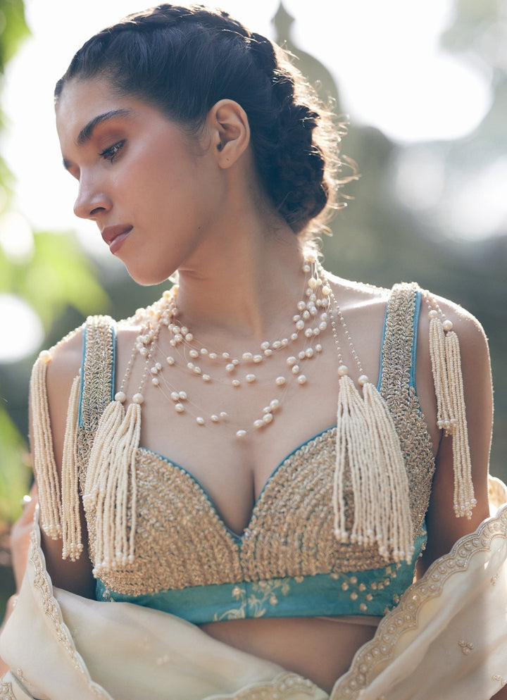 Ice Blue Embroidered Jacquard Lehenga Set Paulmi and Harsh - Fabilicious Fashion