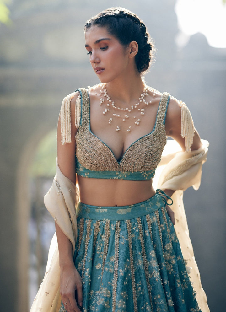Ice Blue Embroidered Jacquard Lehenga Set Paulmi and Harsh - Fabilicious Fashion